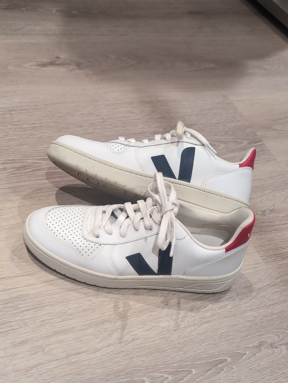 Veja White Leather Sneakers with Navy V and Red Heel Tab